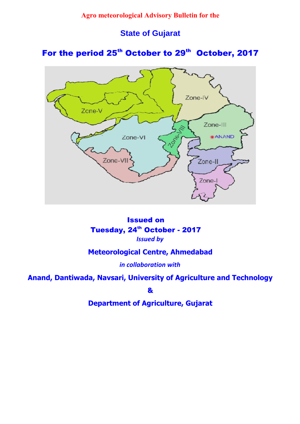 Agro Meteorological Advisory Bulletin for The