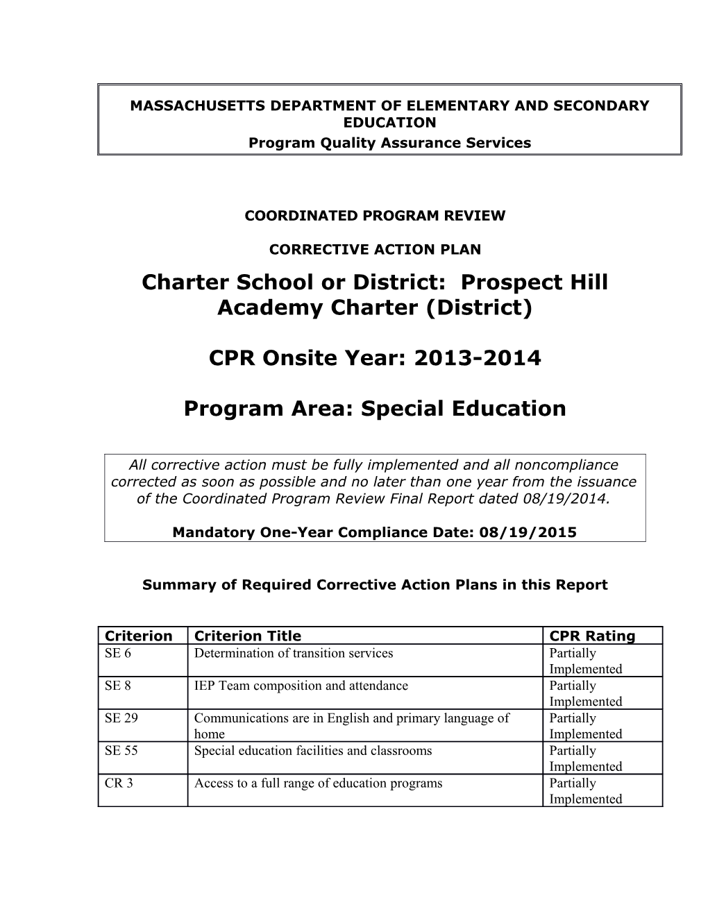 Prospect Hill Academy Charter School CAP 2014