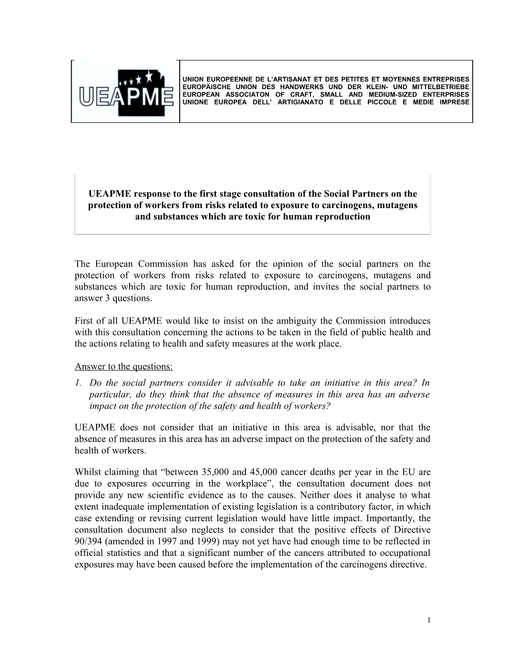 UEAPME Response to the First Stage Consultation of the Social Partners on the Protection