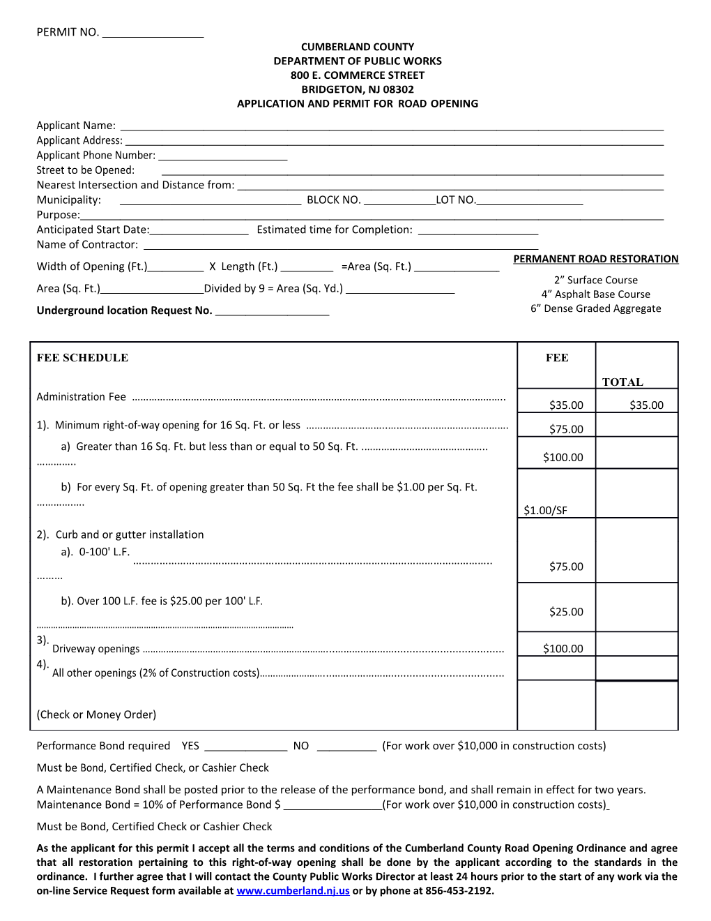 Application and Permit for Road Opening