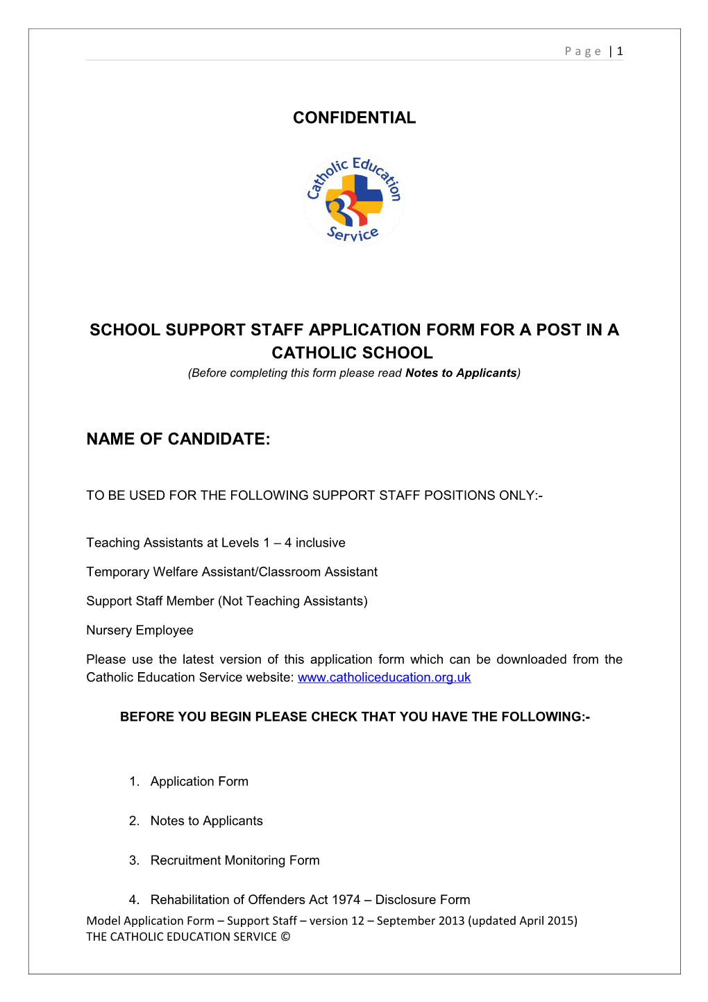 School Support Staff Application Form for a Post in a Catholic School s1