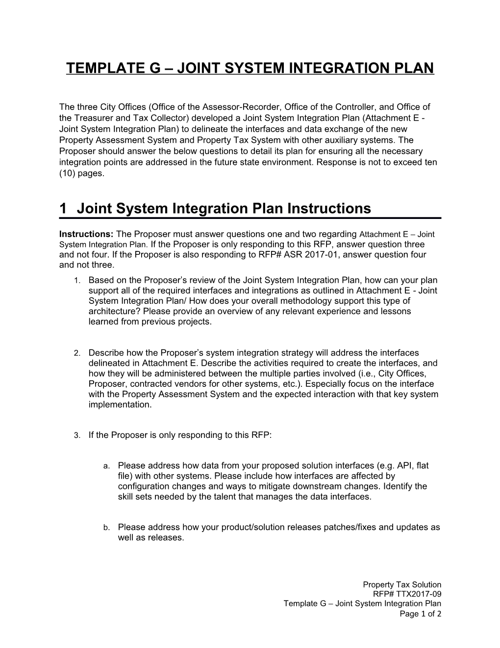 Template G Joint System Integration Plan