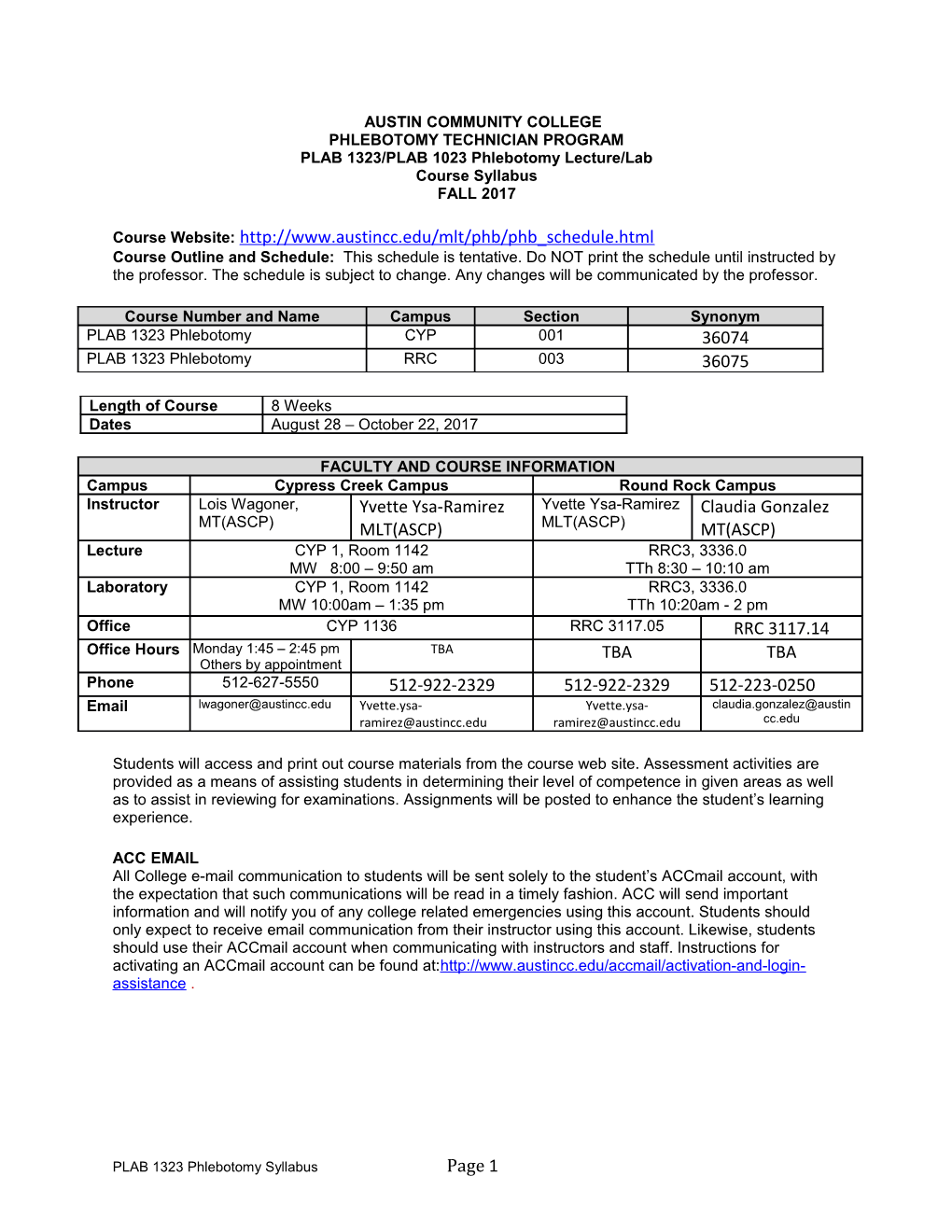 PLAB 1323/PLAB 1023 Phlebotomy Lecture/Lab