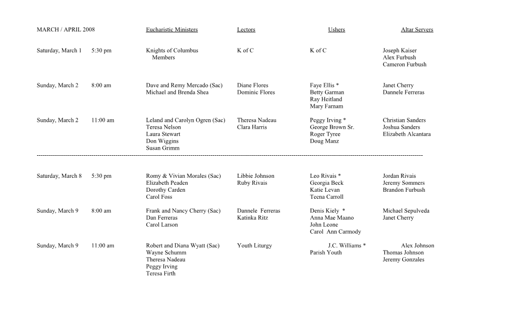 MARCH / APRIL 2008 Eucharistic Ministers Lectors Ushers Altar Servers