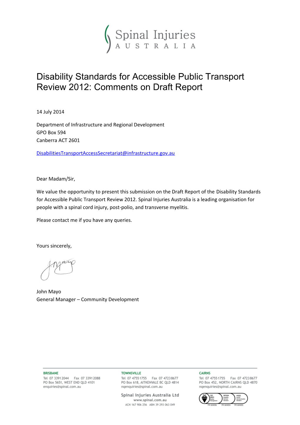 Disability Standards for Accessible Public Transport Review 2012: Comments on Draft Report