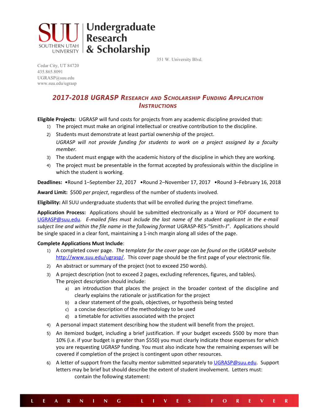 2017-2018 UGRASP Research and Scholarship Funding Application Instructions