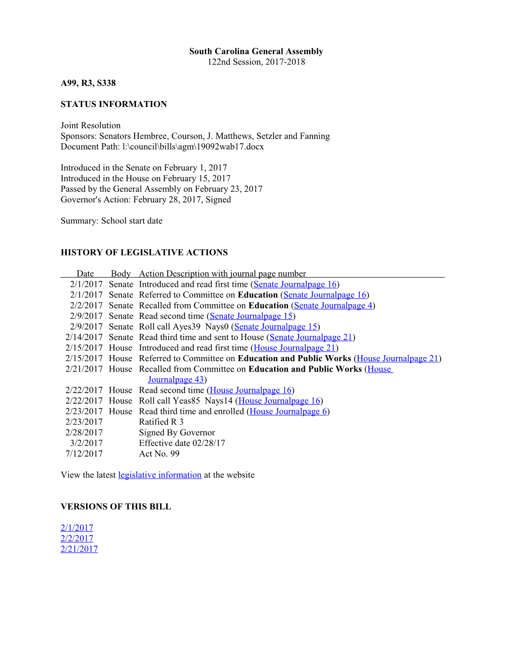 2017-2018 Bill 338: School Start Date - South Carolina Legislature Online