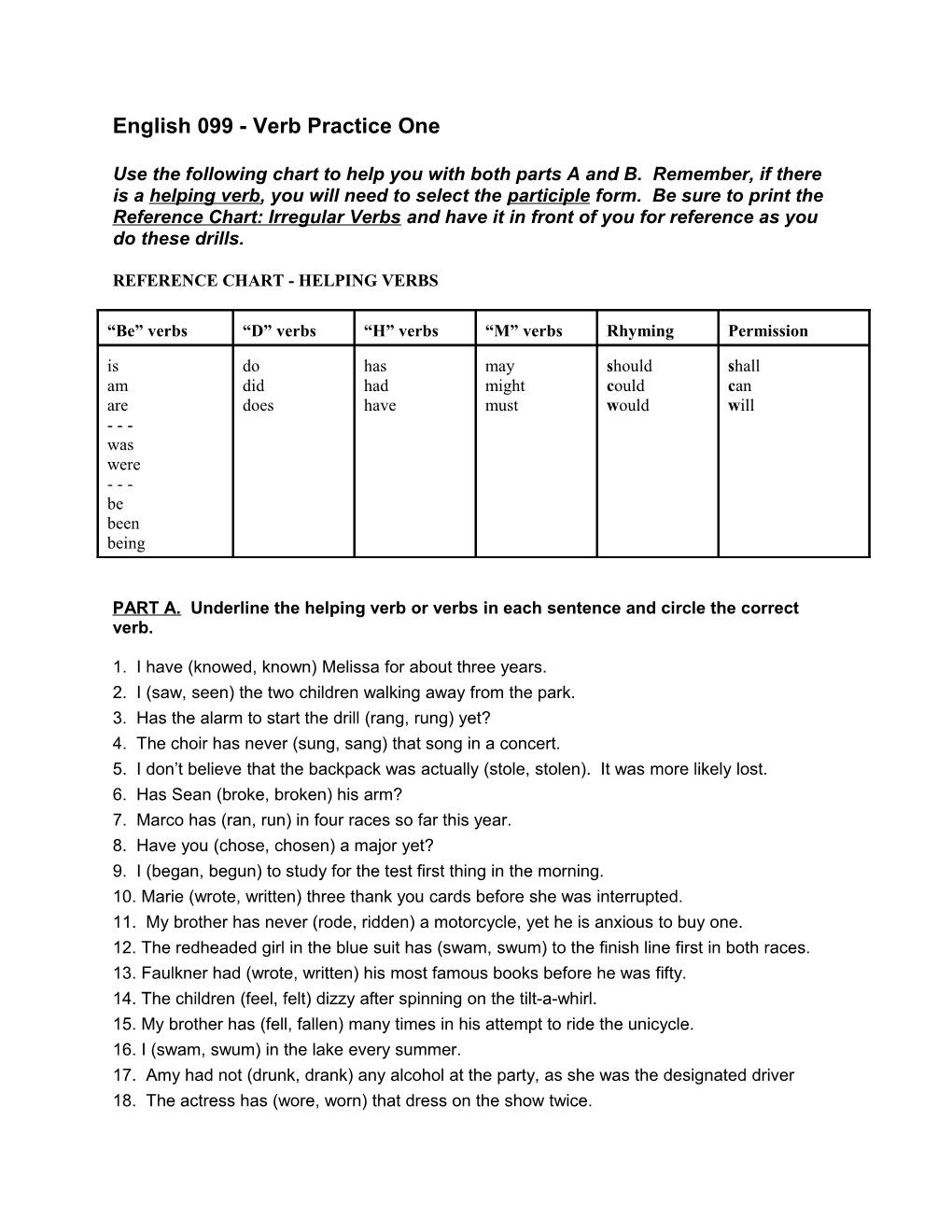 English 099 - Verb Practice One