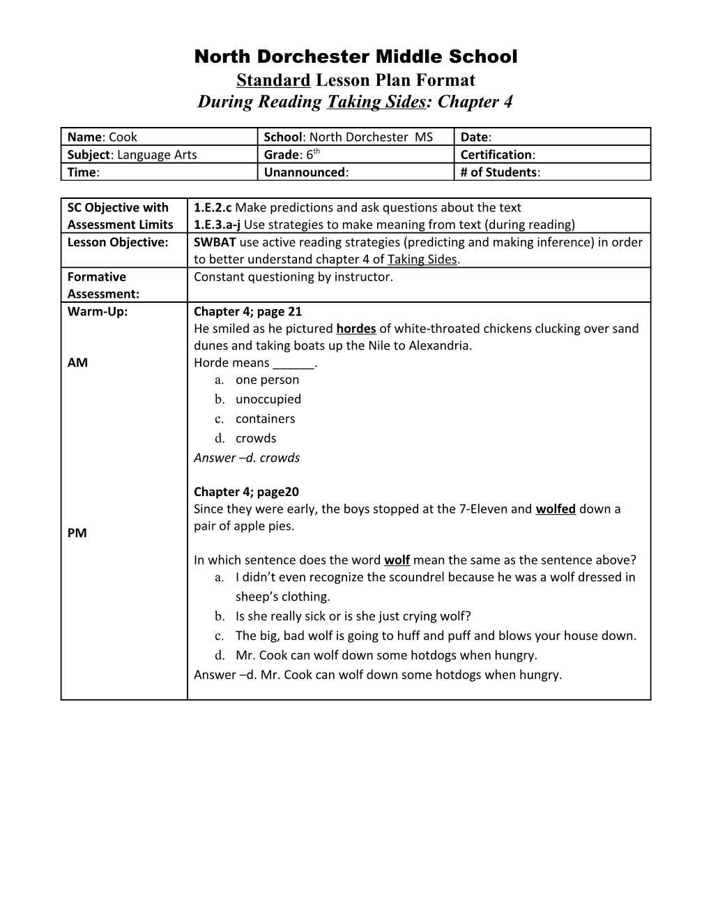 Taking Sides - Chapter 2 Lesson Plan