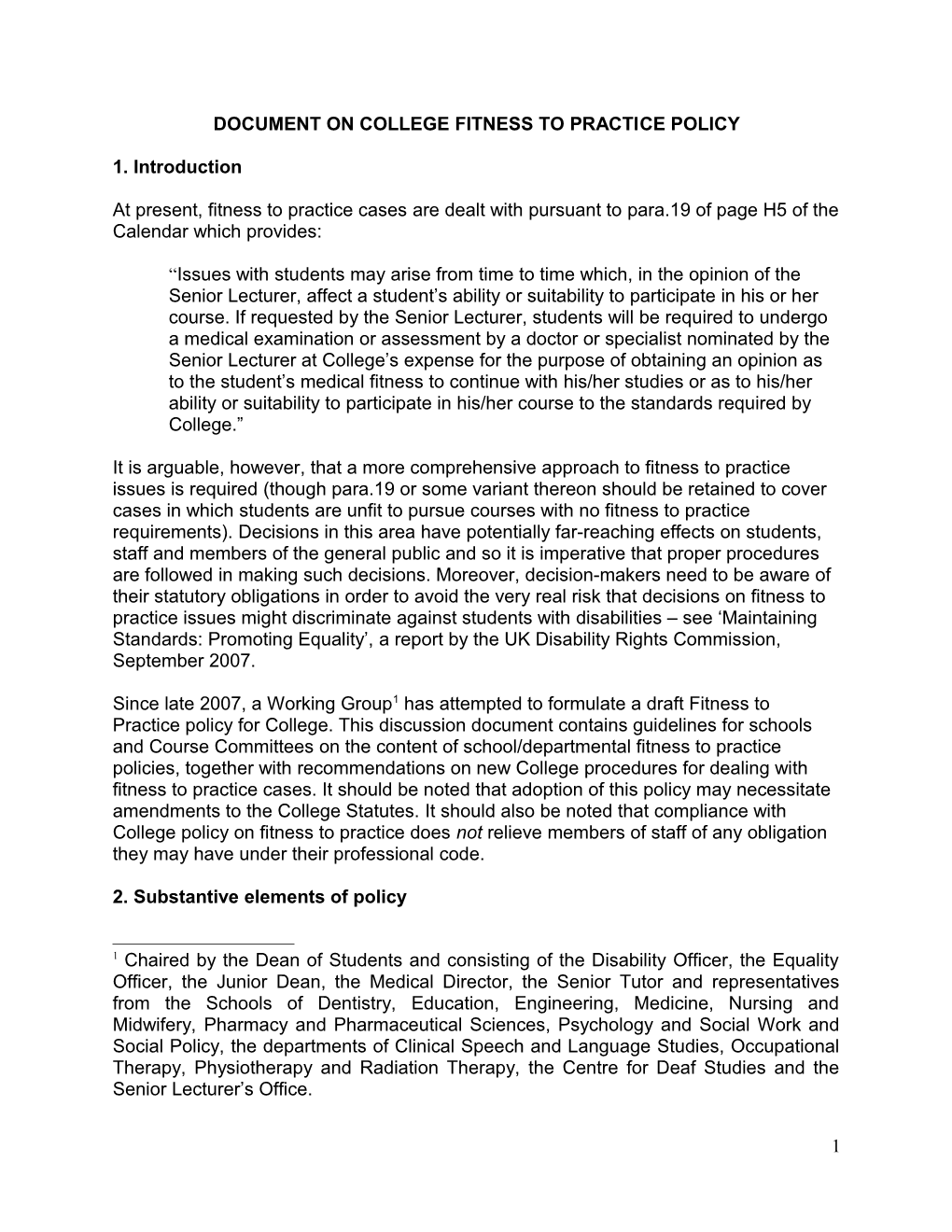 Discussion Document on College Fitness to Practice Policy