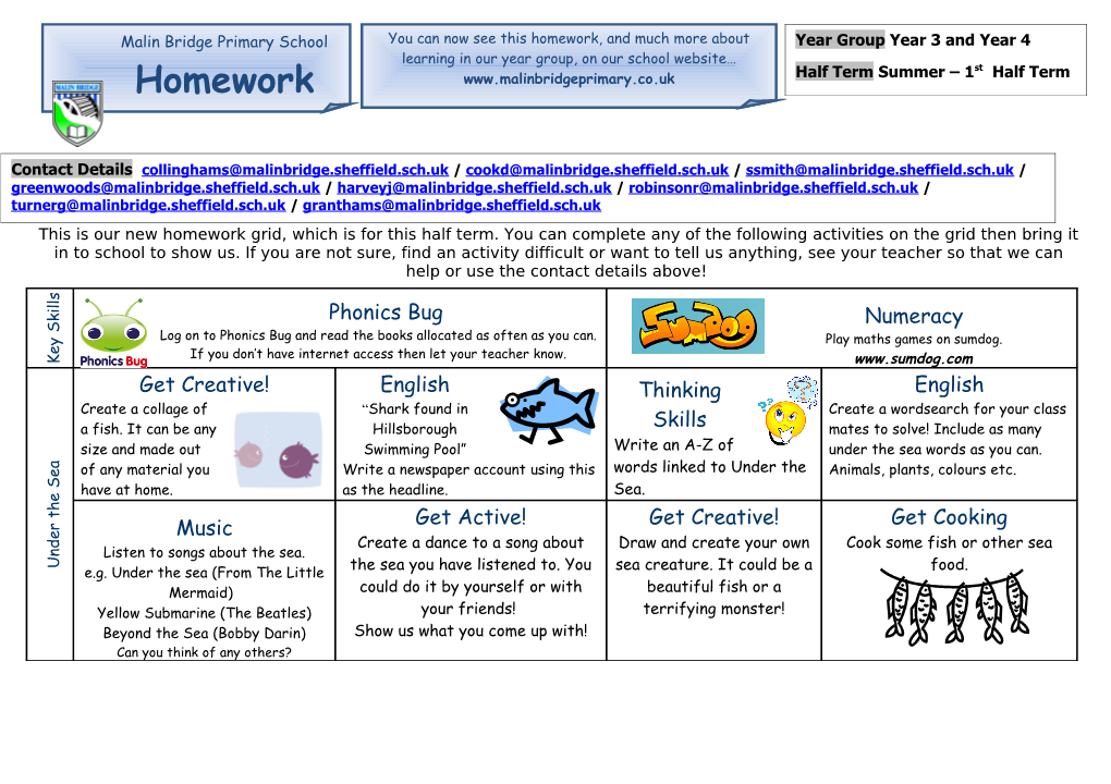 This Is Our New Homework Grid, Which Is for This Half Term. You Can Complete Any of The