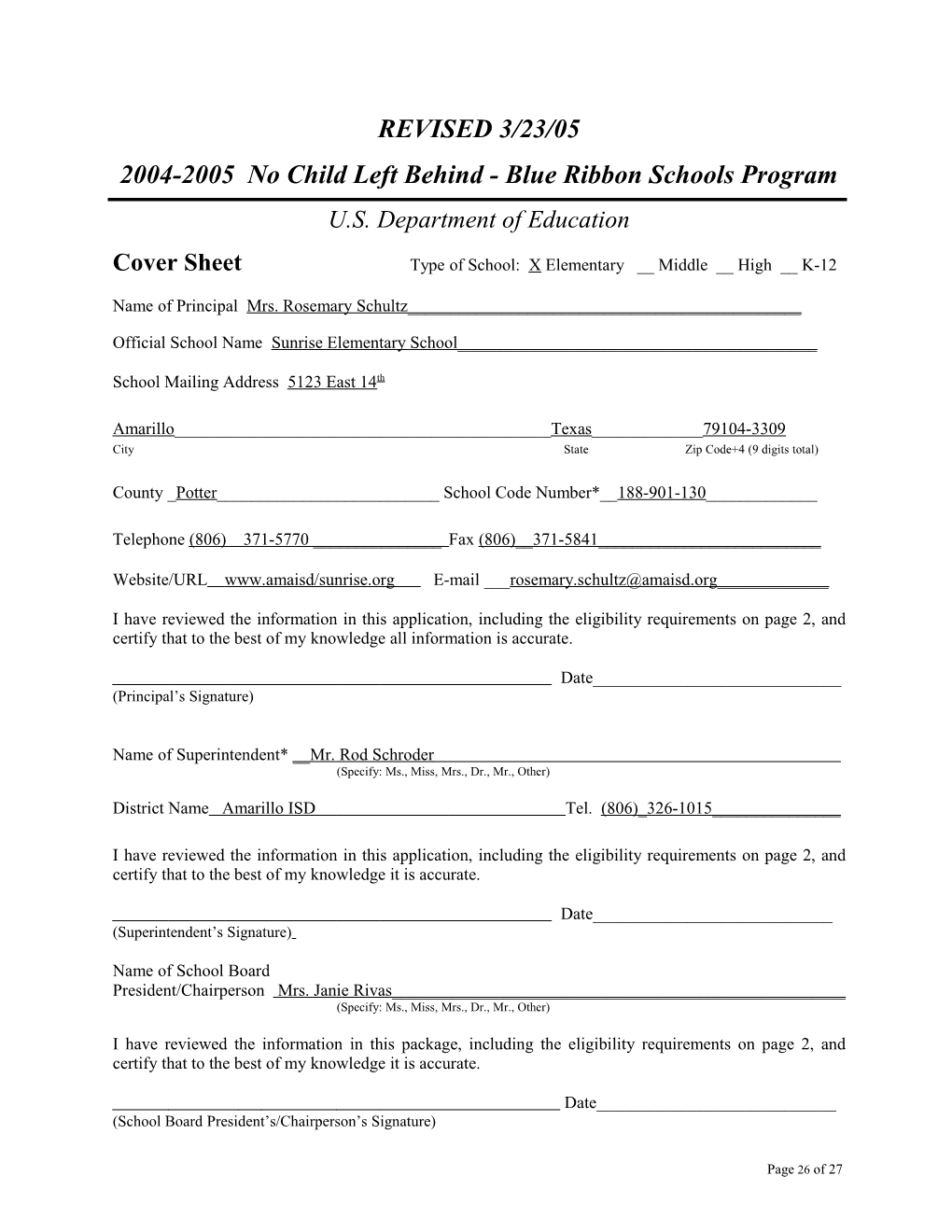 Sunrise Elementary School Application: 2004-2005, No Child Left Behind - Blue Ribbon Schools