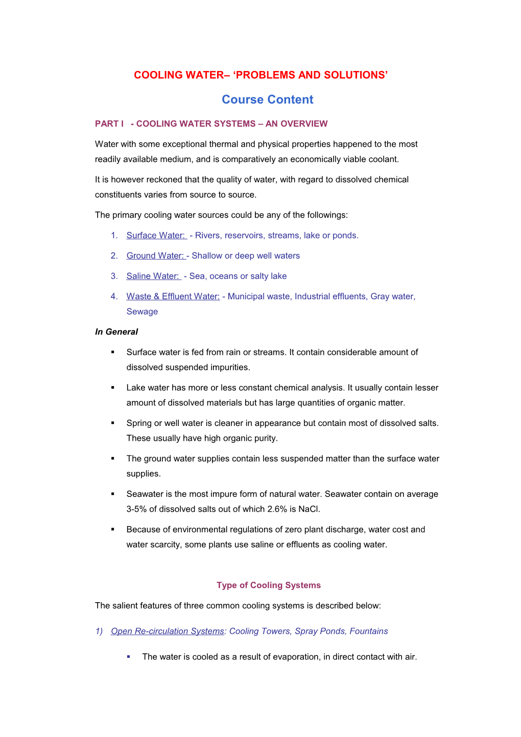 Course Title: COOLING WATER TREATMENT PROBLEMS and SOLUTIONS