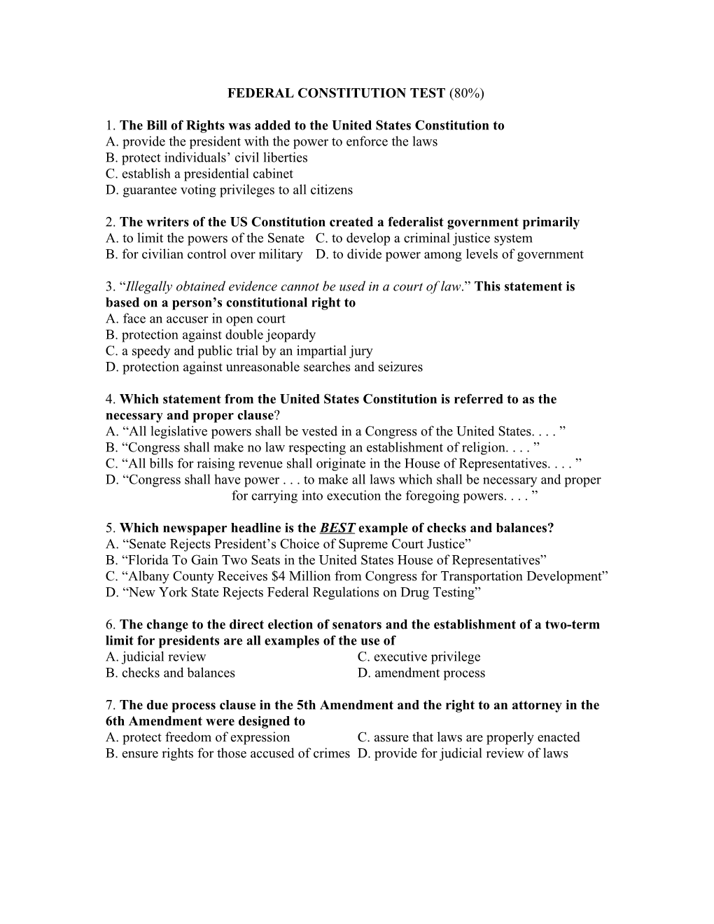 Federal Constitution Test (80%)