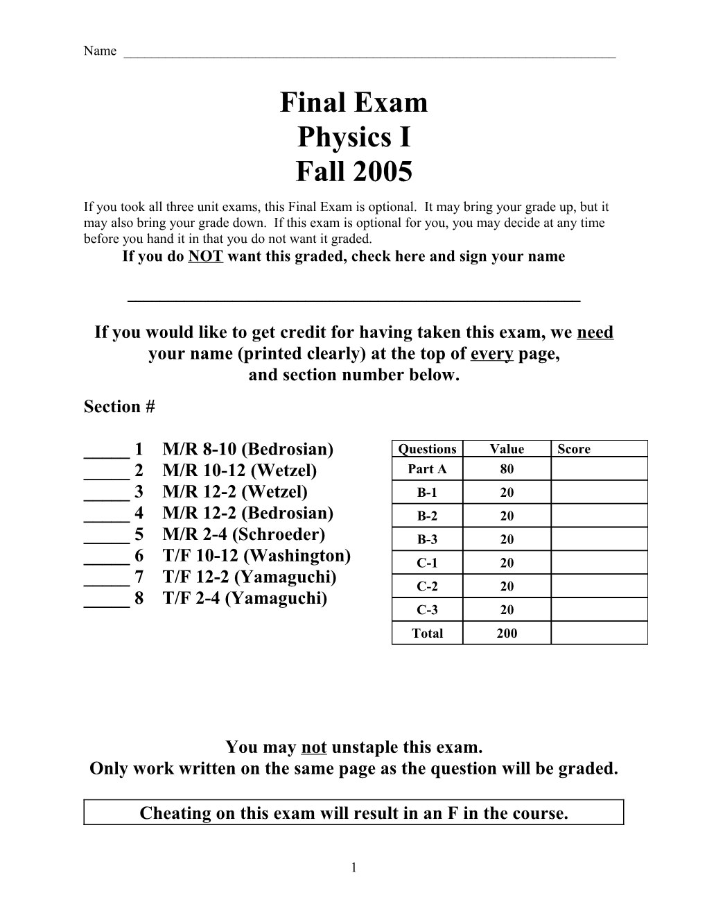 Physics I Final Exam Spring 2003