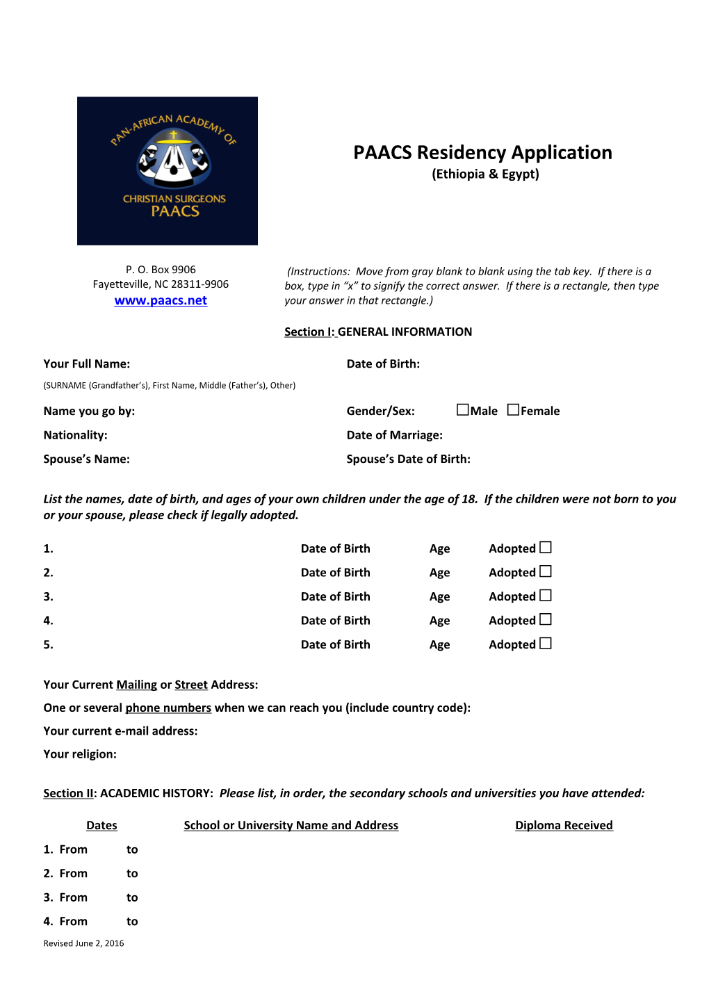 PAACS Residency Application