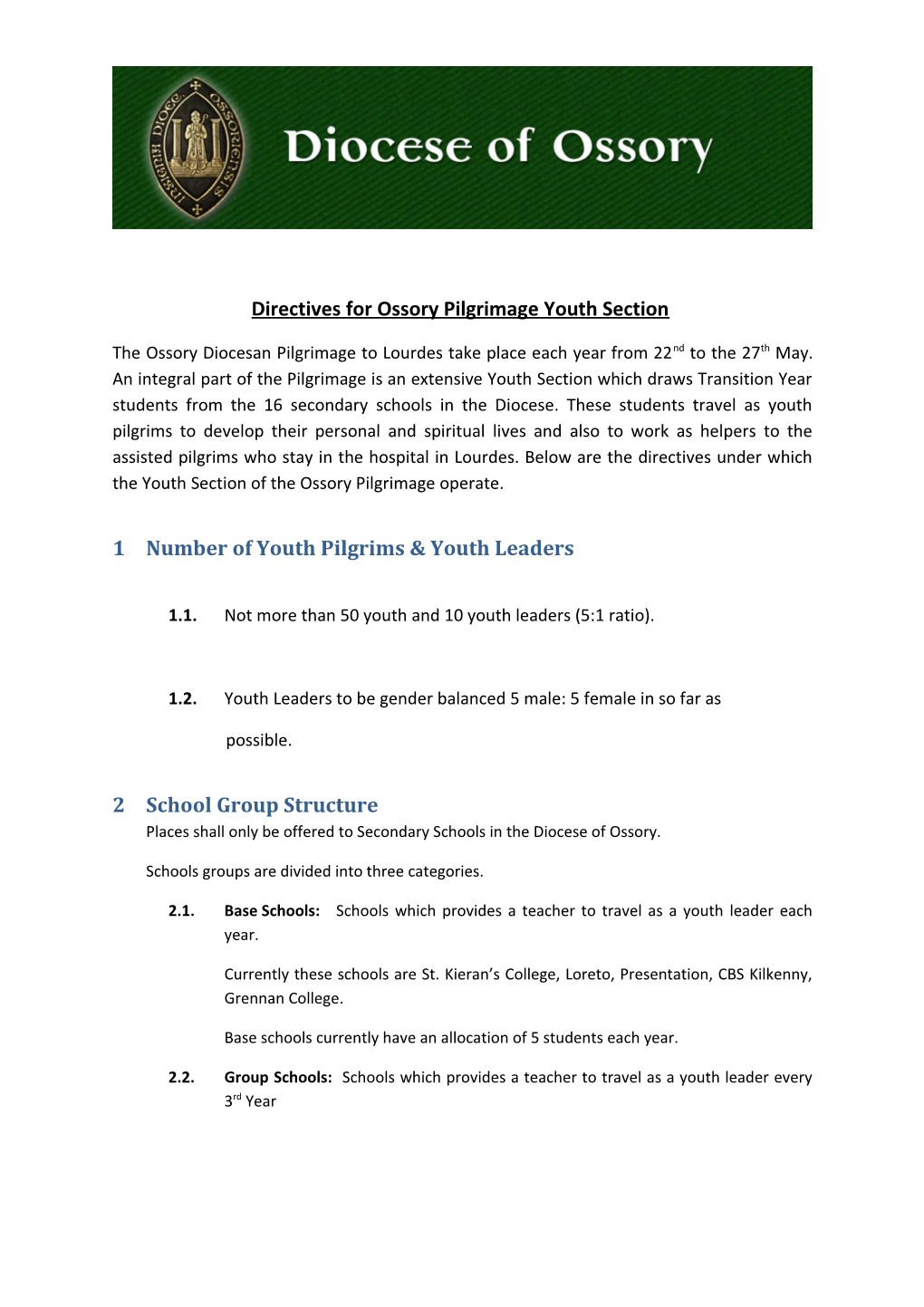 Directives for Ossory Pilgrimage Youth Section
