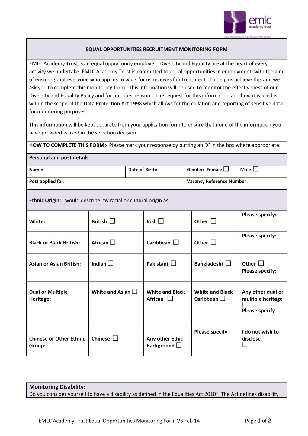 EMLC Academy Trust Equal Opportunities Monitoring Form V3 Feb 14 Page 1 of 2