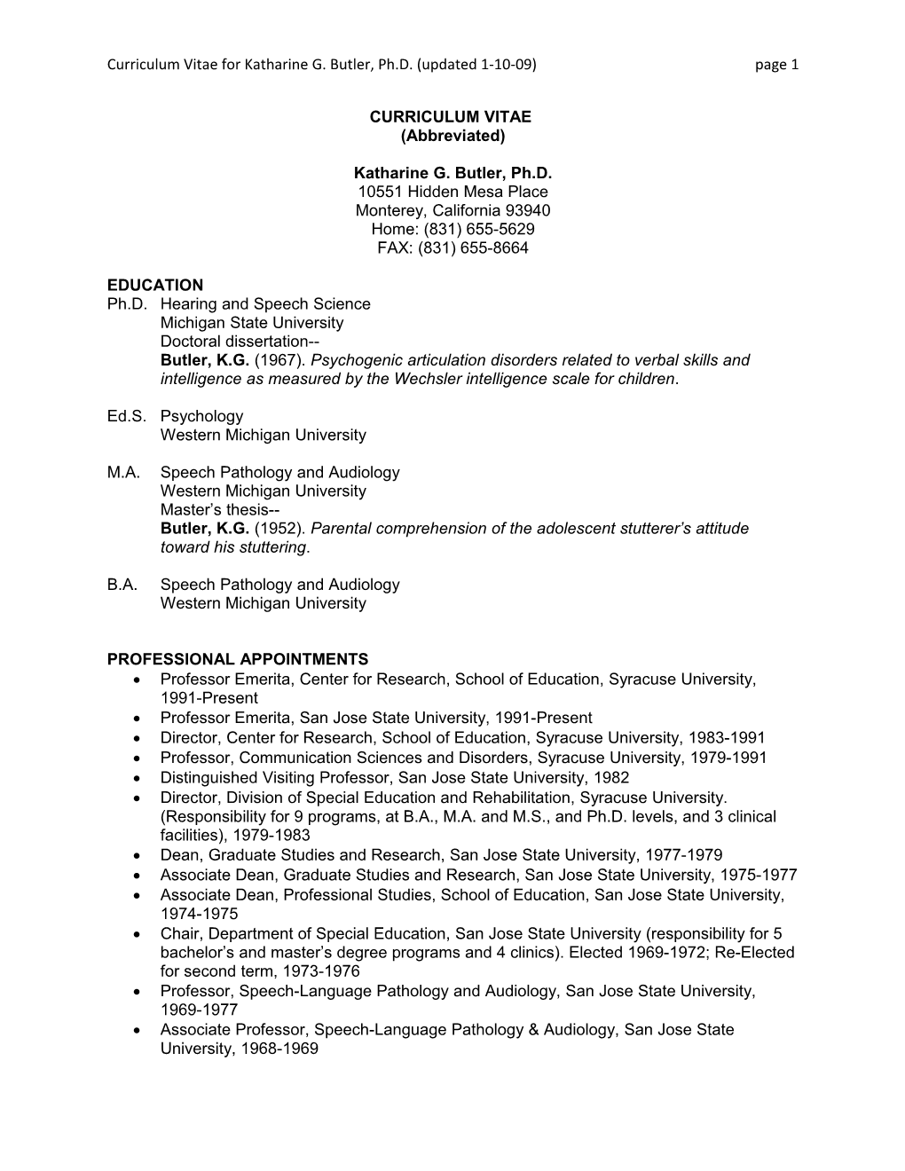 Curriculum Vitae for Katharine G. Butler, Ph.D. (Updated 1-10-09) Page 1