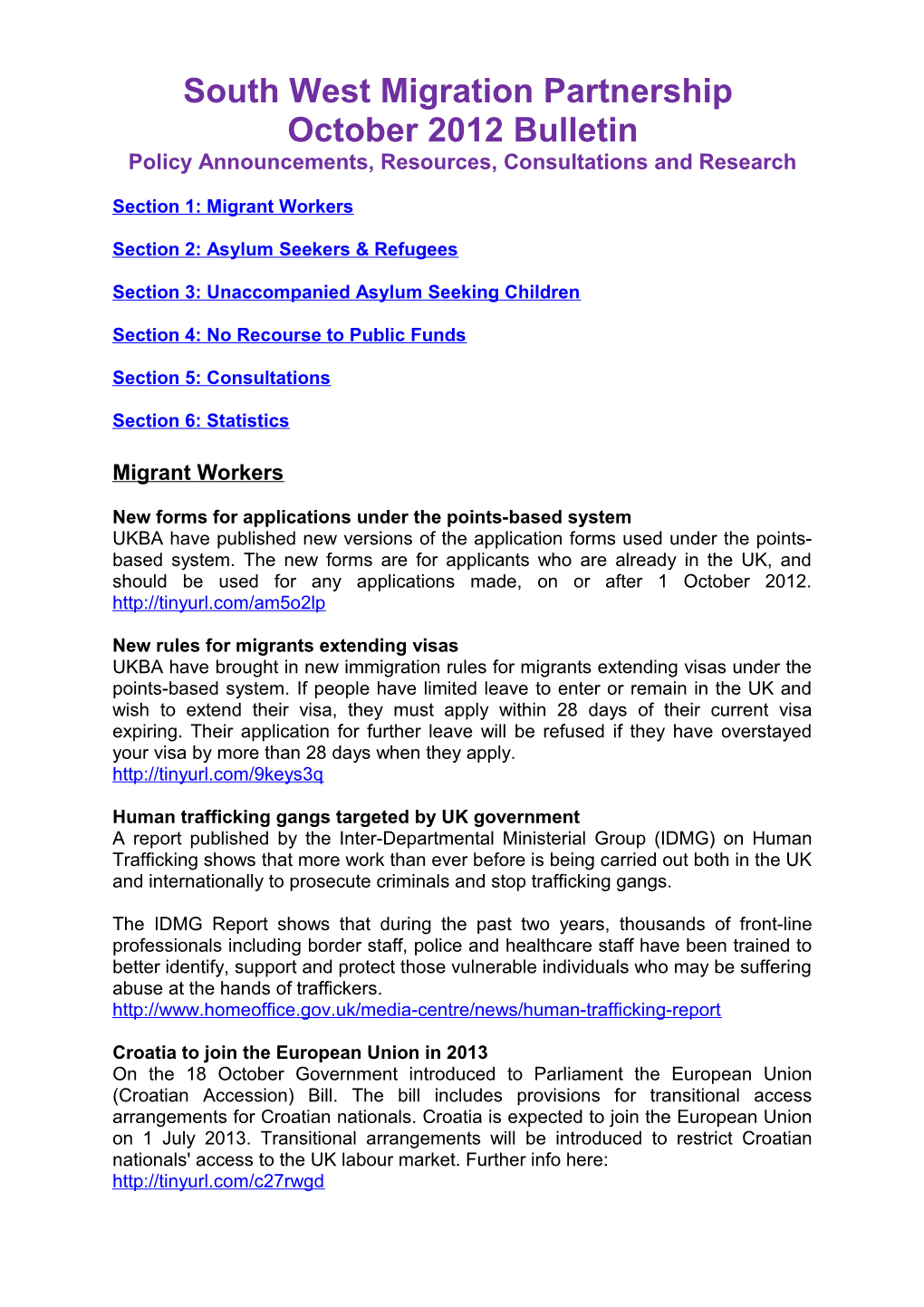 South West Migration Partnership September 2012 Bulletin