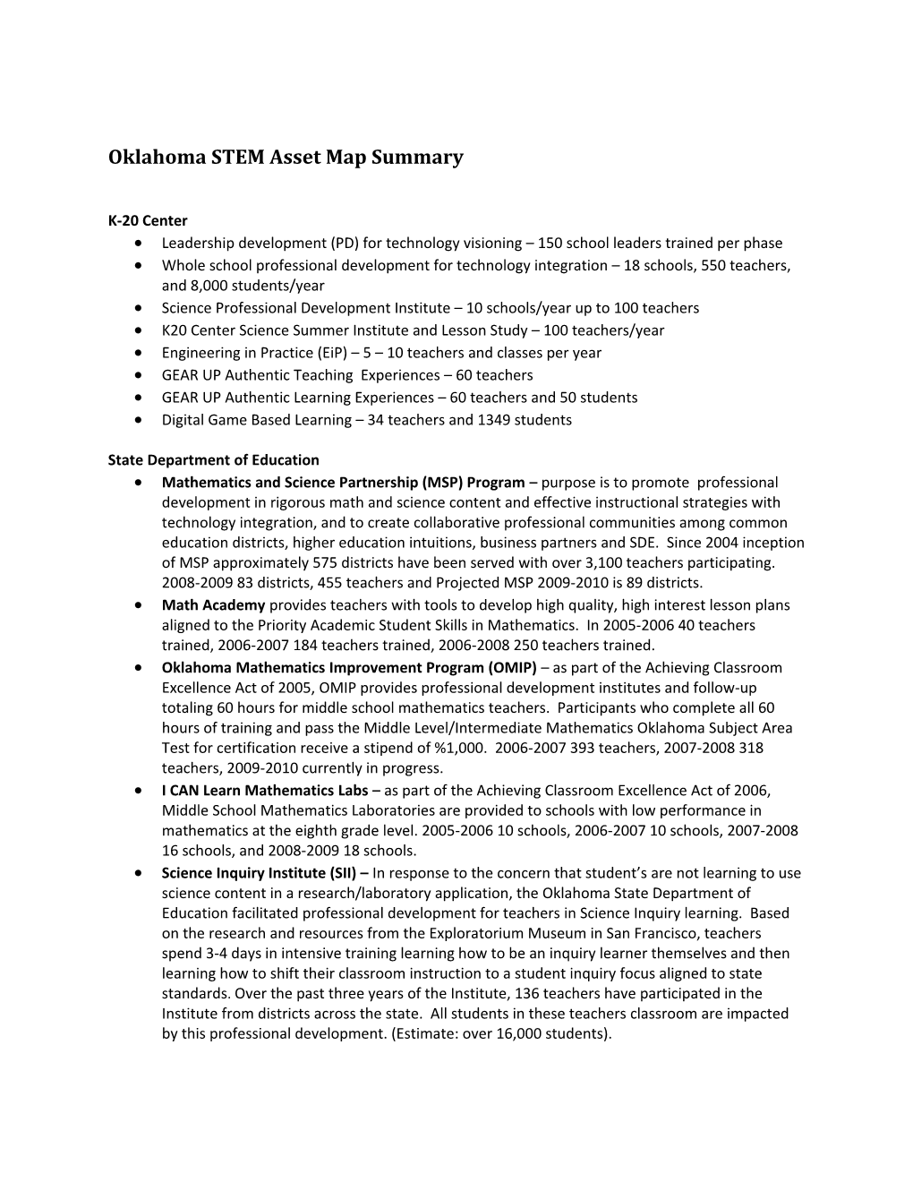 P2-1 Oklahoma STEM Asset Map Summary