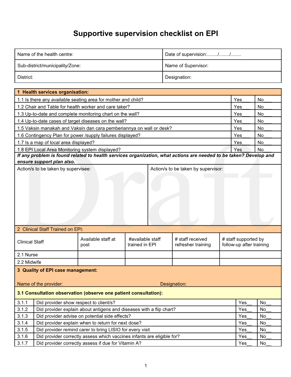 Supportive Su Pervision Checklist on EPI