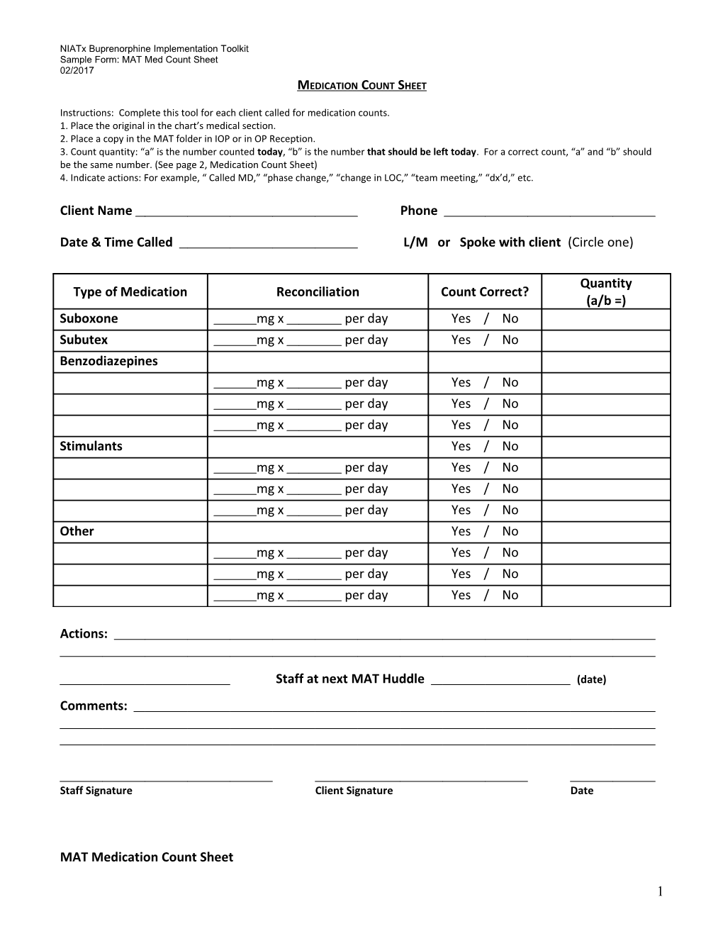 Medication Count Sheet