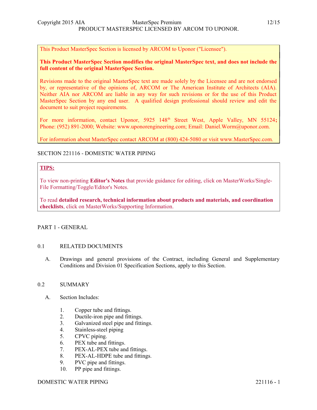 Section 221116 - Domestic Water Piping