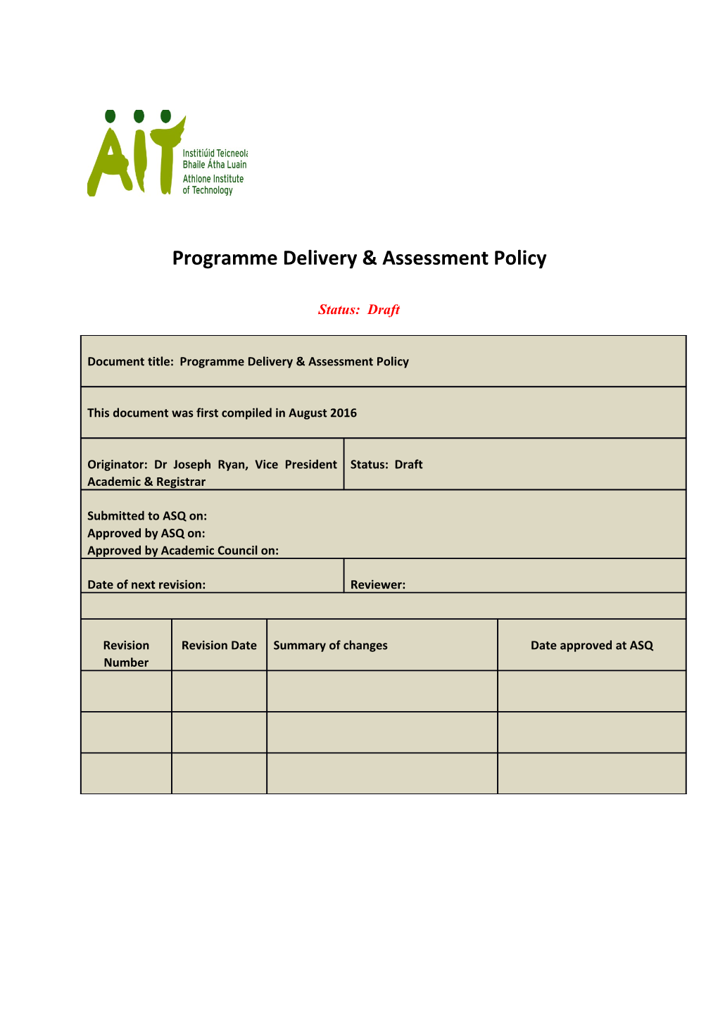 Programme Delivery & Assessment Policy
