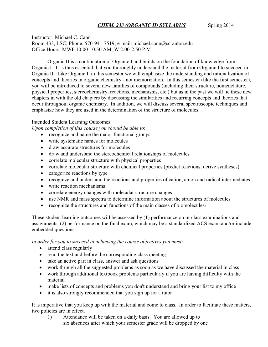 CHEM. 233 (ORGANIC II) SYLLABUS Spring 2014