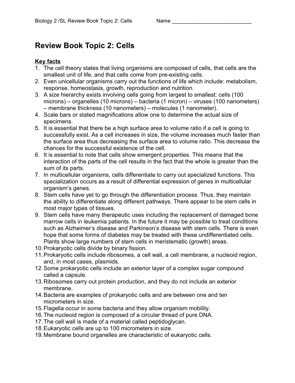 Biology 2 /SL Review Book Topic 2: Cells Name ______