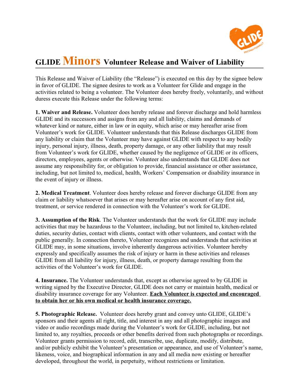 GLIDE Minorsvolunteer Release and Waiver of Liability