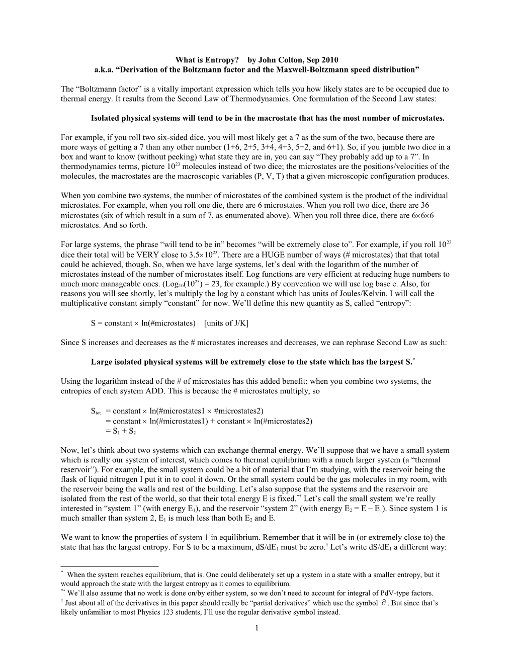 Derivation of Boltzmann Factor