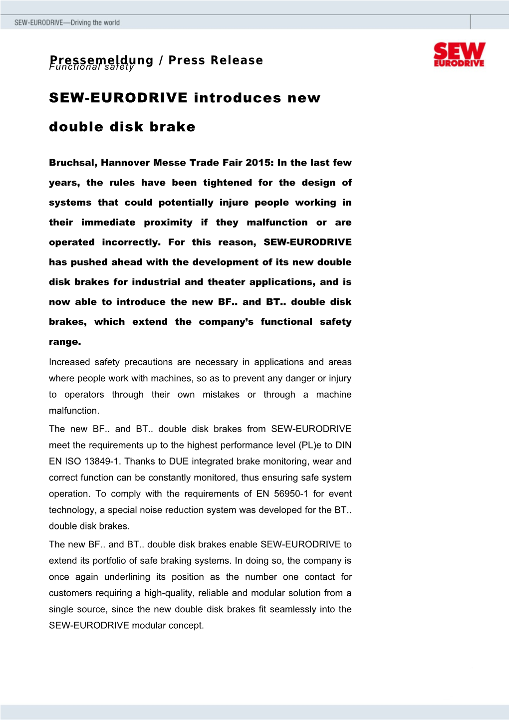 SEW-EURODRIVE Introduces New Double Disk Brake