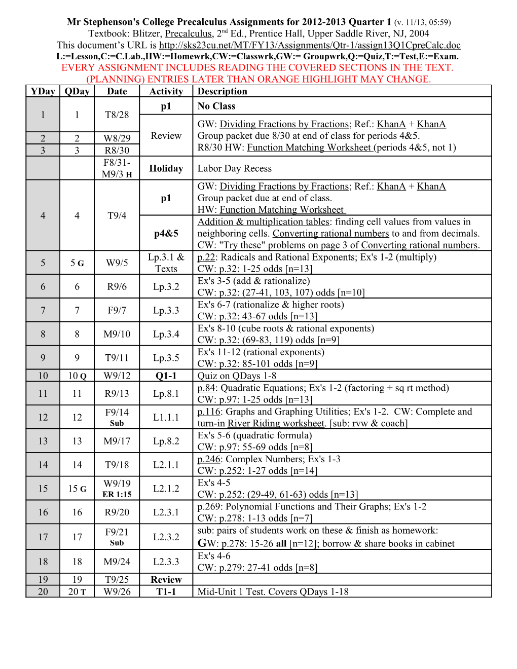 Mr Stephenson's College Precalculus Assignments for 2011-2012 Quarter 1 (V. 11/13, 05:59)