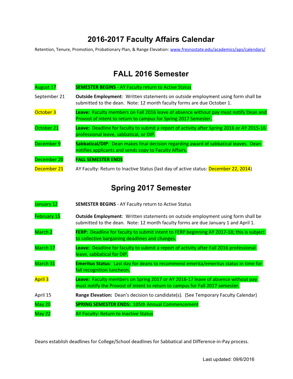 Academic Affairs Calendar