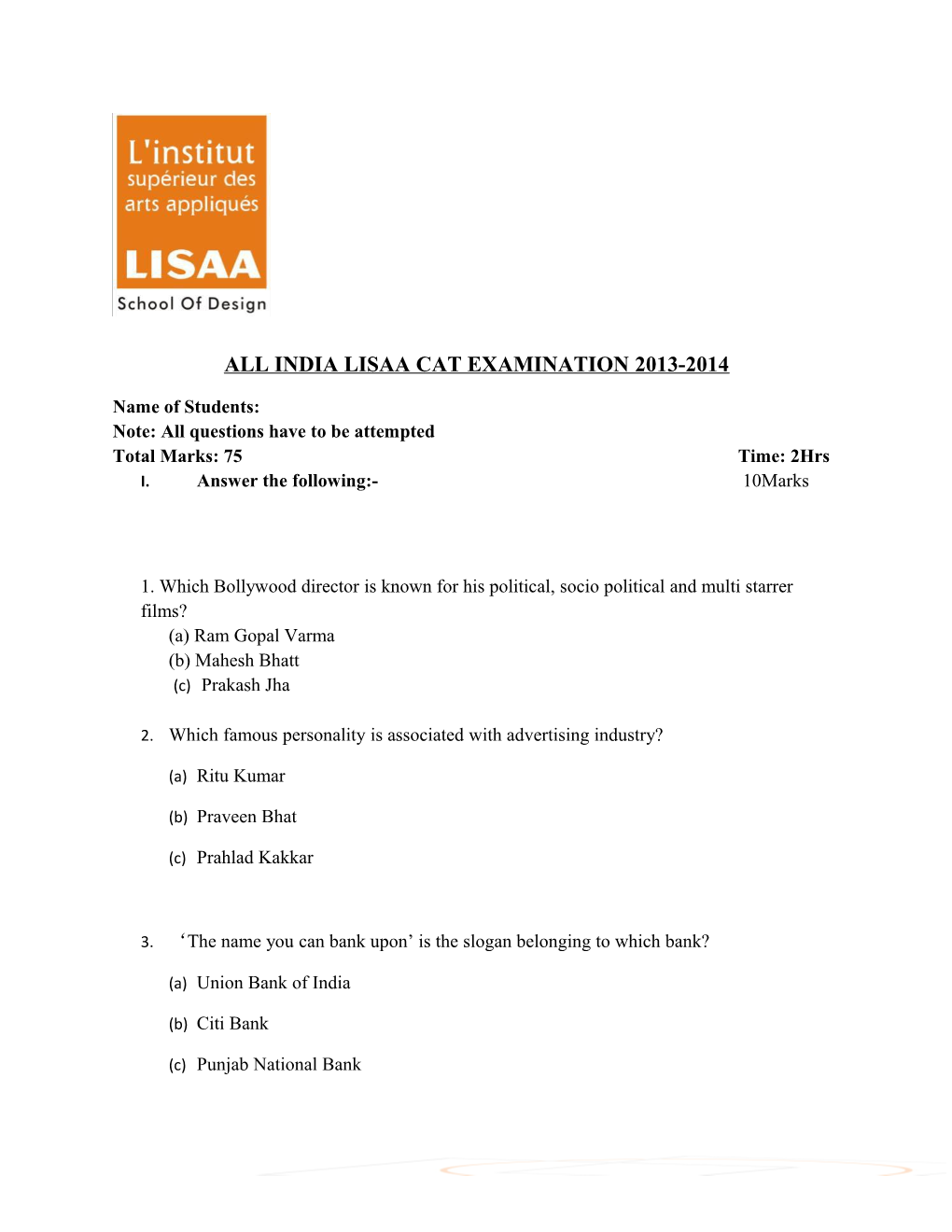 All India Lisaa Cat Examination 2013-2014