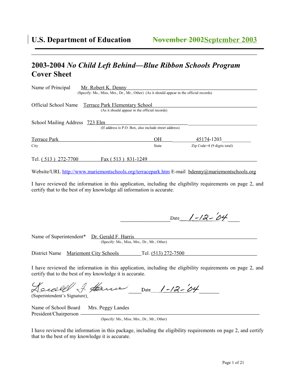 Terrace Park Elementary School 2004 No Child Left Behind-Blue Ribbon School Application (Msword)