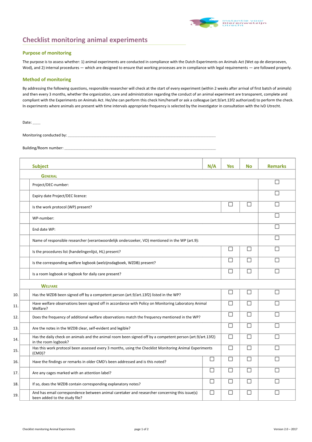 Checklist Monitoring Animal Experiments