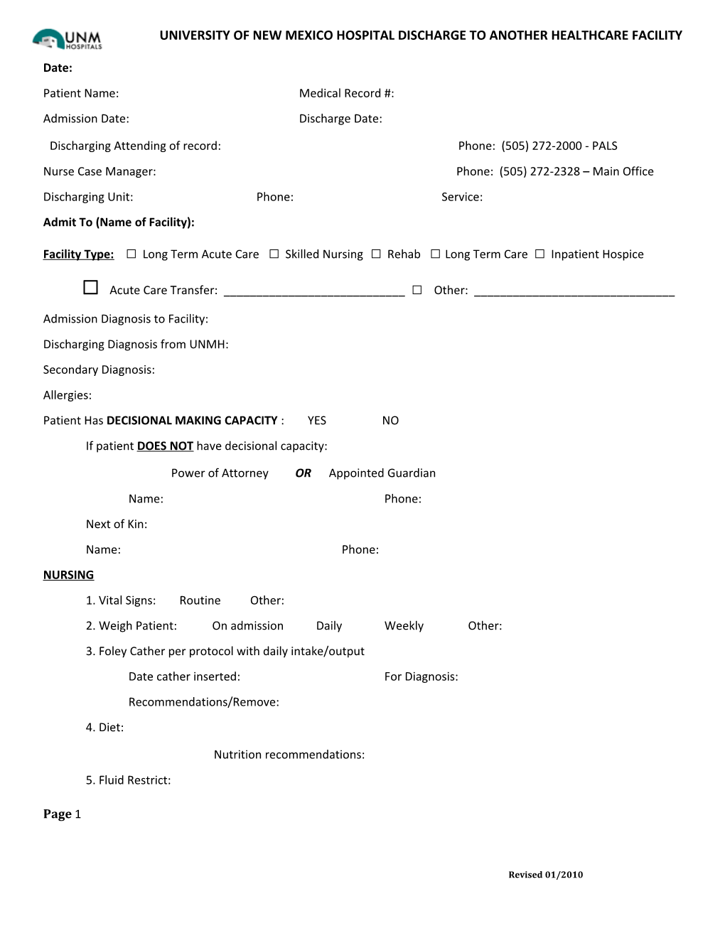 University of New Mexico Hospital Discharge to Another Healthcare Facility