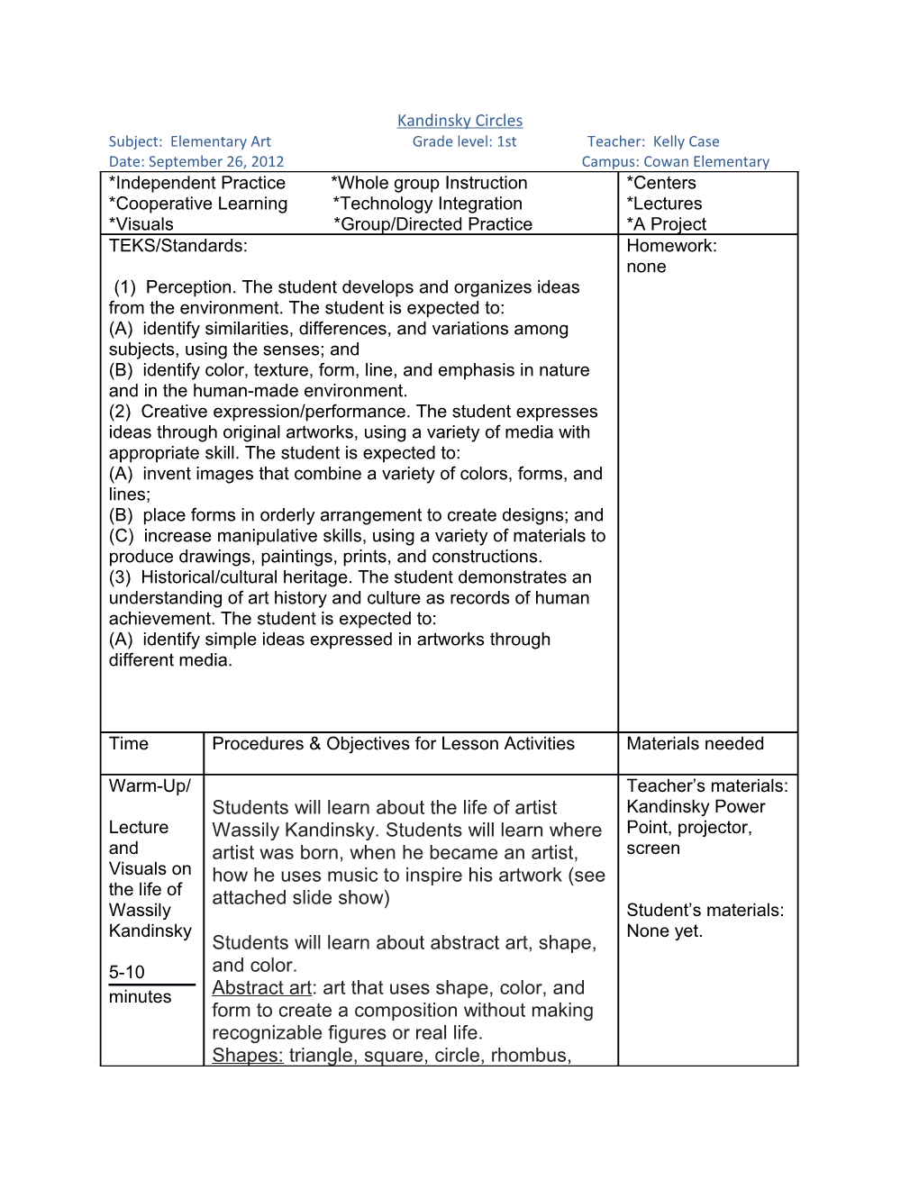 Subject: Elementary Art Grade Level: 1St Teacher: Kelly Case