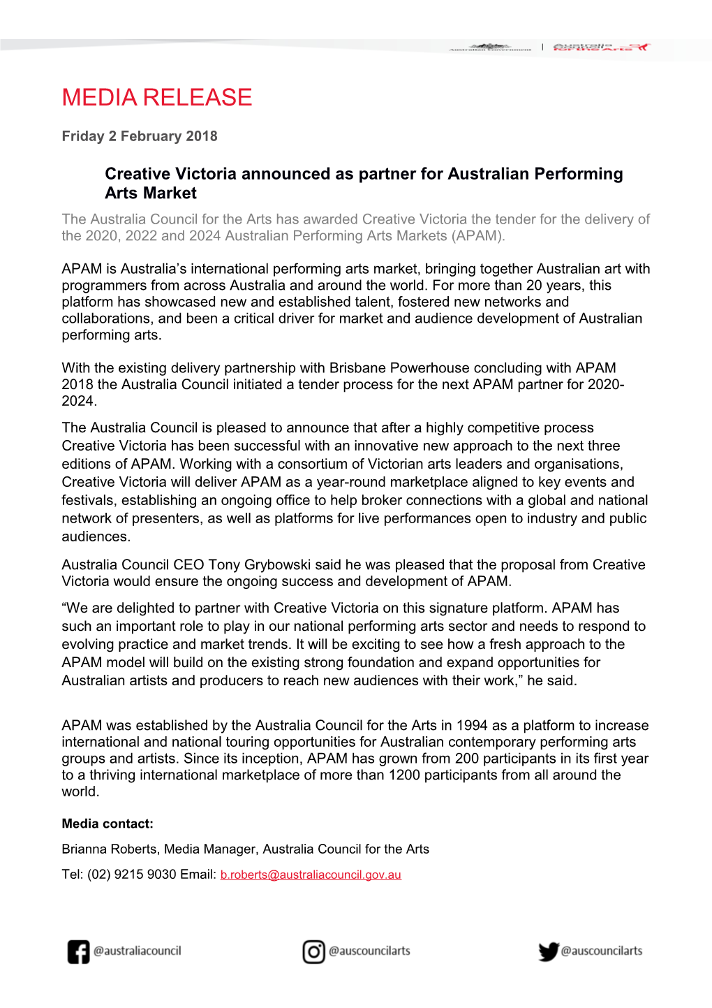 Creative Victoria Announced As Partner for Australian Performing Arts Market