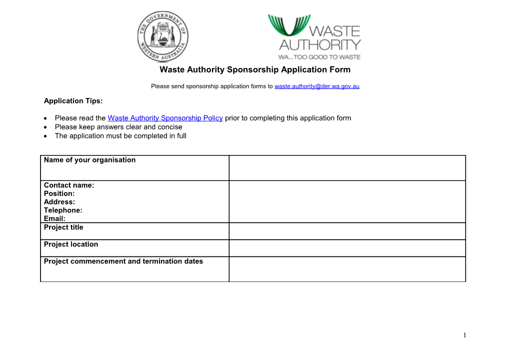 Waste Authority Sponsorship Application Form