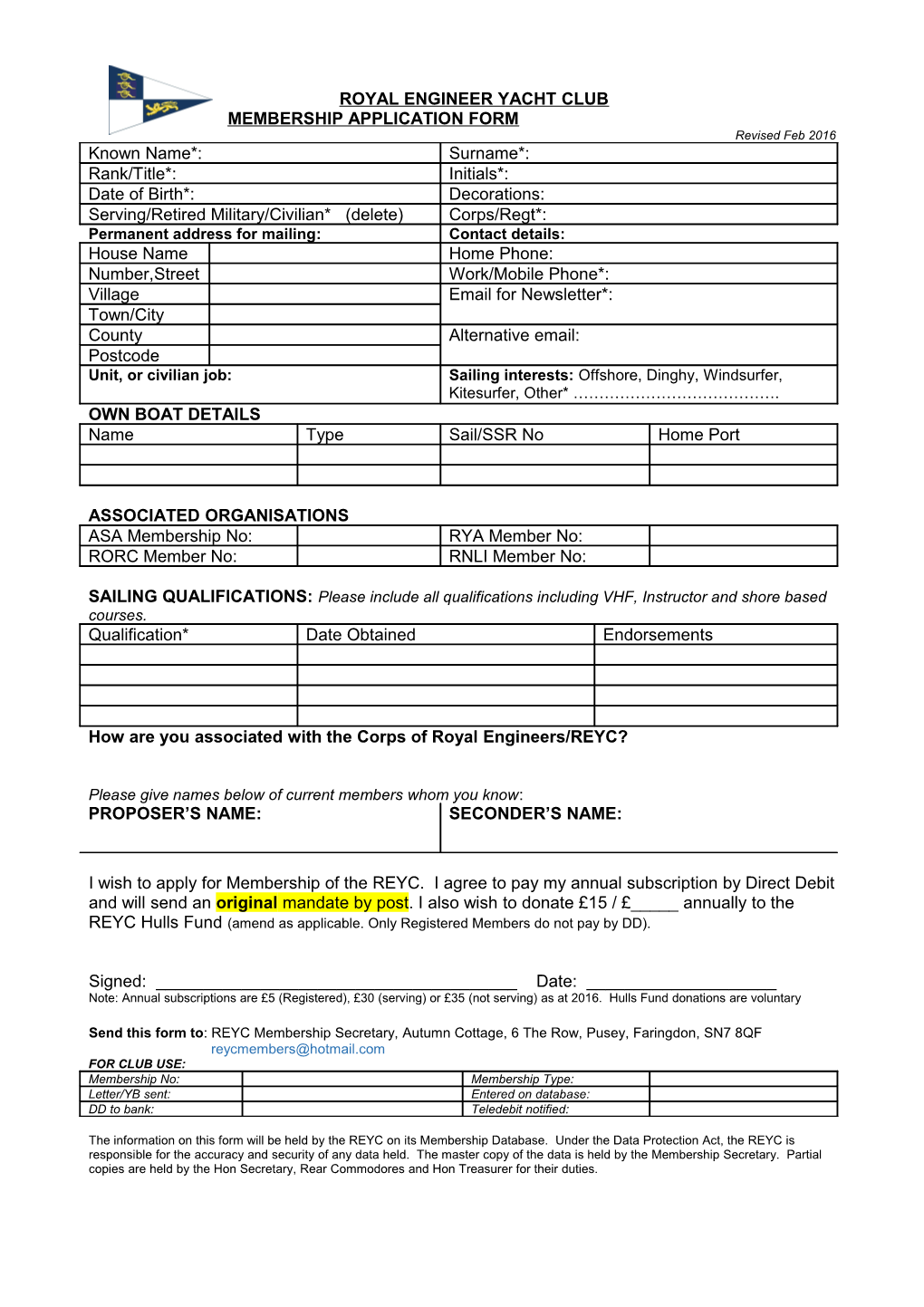 Royal Engineer Yacht Club Membership Application Form