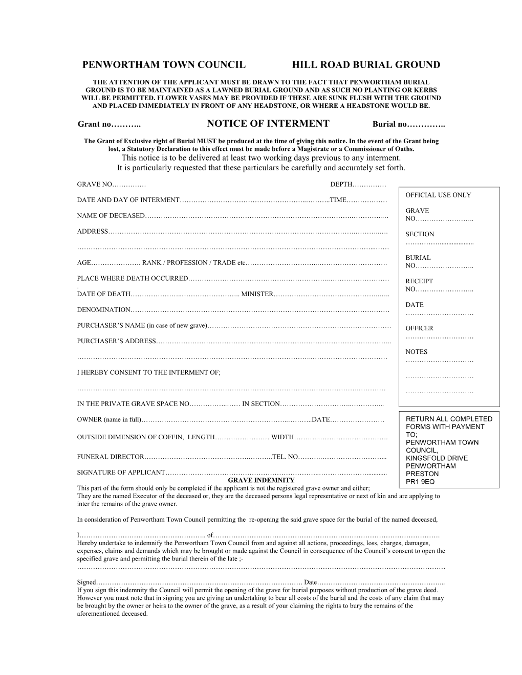 The Attention of the Applicant Must Be Drawn to the Fact That Penwortham Burial Ground