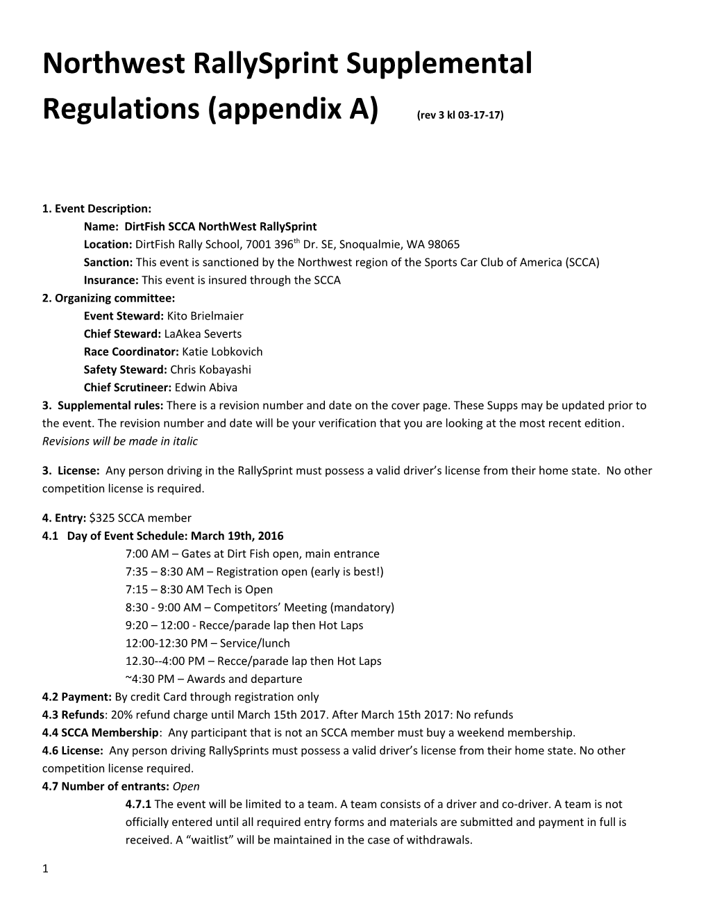 Northwest Rallysprint Supplemental Regulations (Appendix A) (Rev 3 Kl 03-17-17)