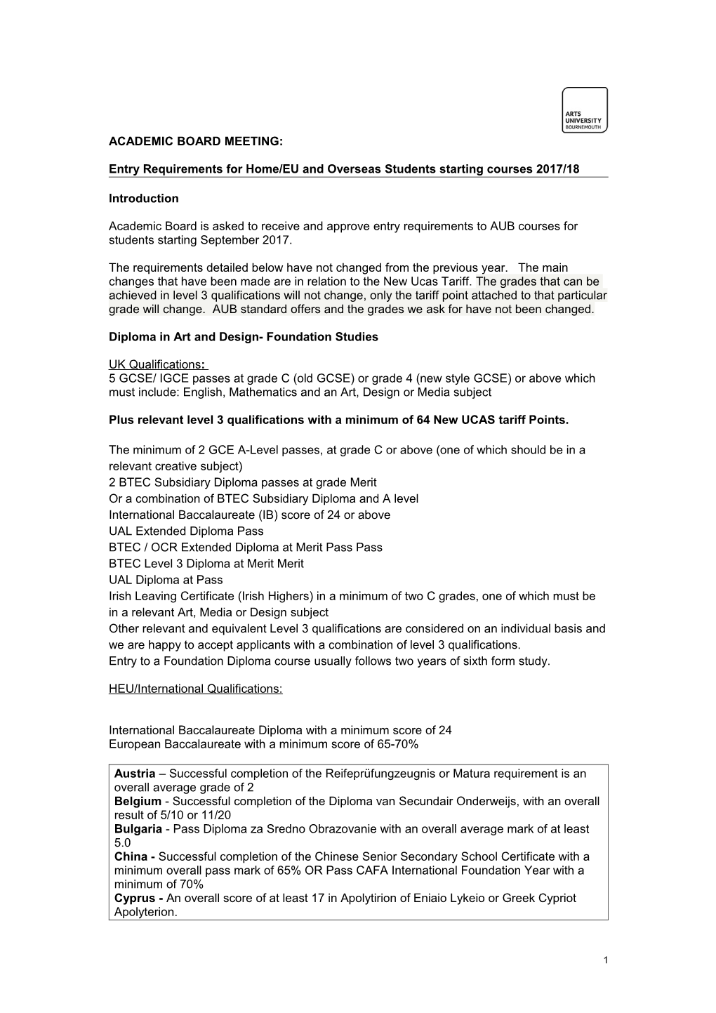 Entry Requirements for Home/EU and Overseas Students Starting Courses 2017/18