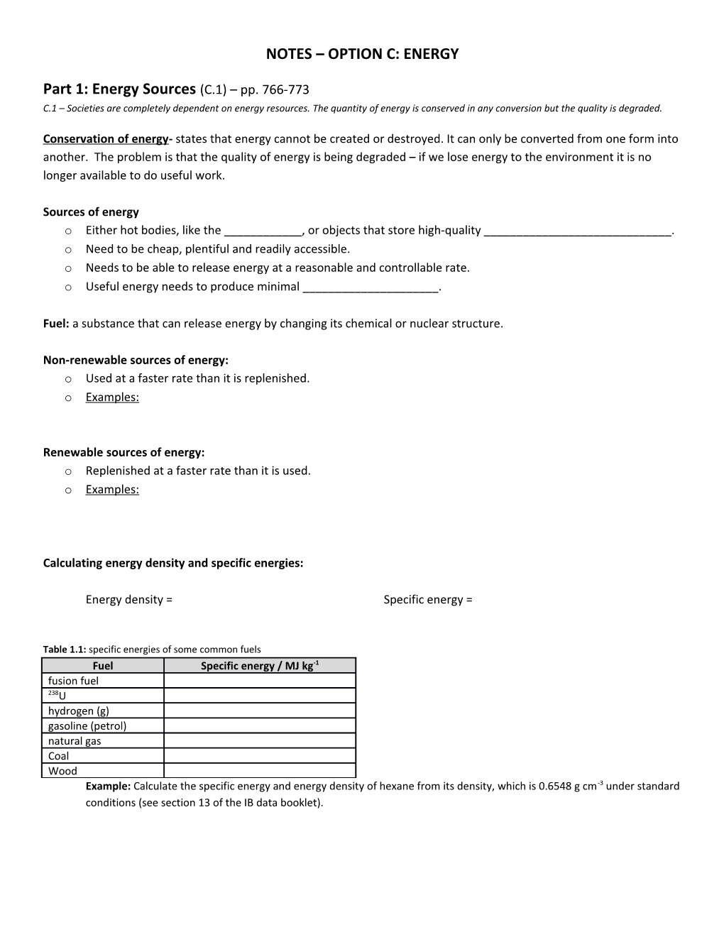 Notes Option C: Energy