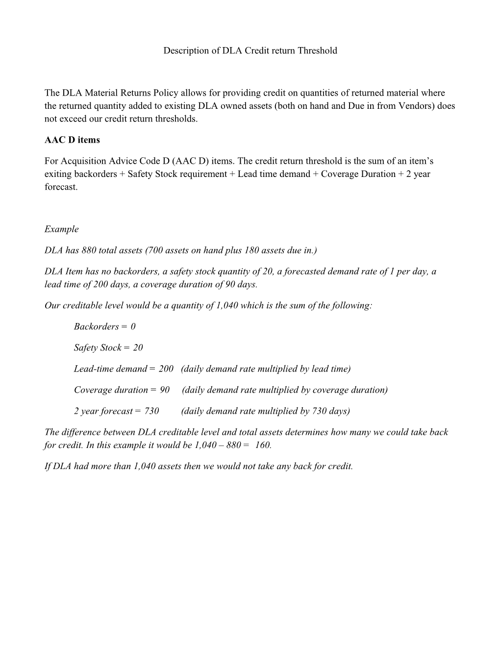 Description of DLA Credit Return Threshold