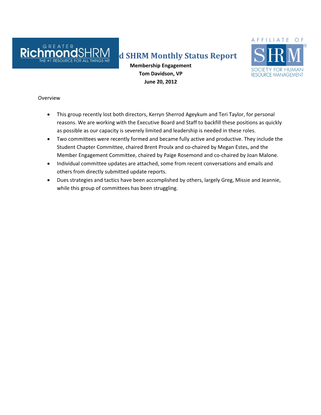Richmond SHRM Monthly Status Report